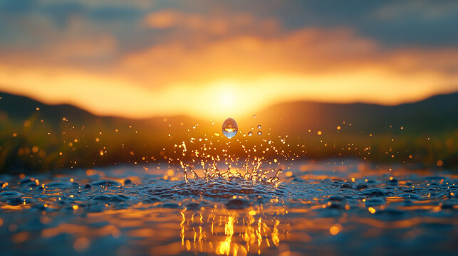 A single raindrop splashes into a dusty desert, symbolizing resilience, hope, and renewal against overwhelming odds. The blurred background suggests emptiness, yet possibility emerges in the stillness