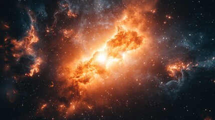 Fototapeta premium A stunning celestial scene showcasing a vibrant nebula filled with fiery hues and distant stars.
