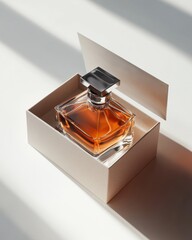 Elegant glass perfume bottle with amber liquid, artfully displayed in a simple beige box with shadows.