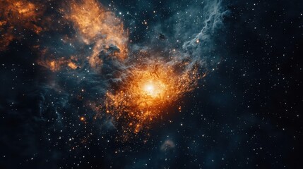 Fototapeta premium A breathtaking view of a vibrant nebula illuminated by orange and blue cosmic gas and stars in deep space.