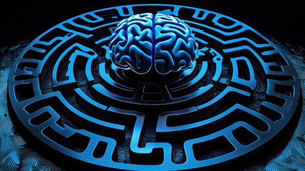 Glowing Blue Brain in Center of Circular Maze Representing Artificial Intelligence Concept