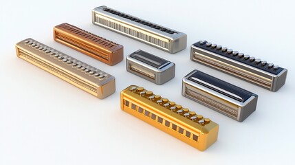 Assorted metallic rectangular objects with varying textures and colors on white background.