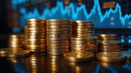 Golden coins stacked against financial chart.