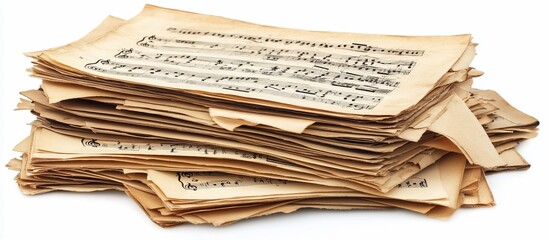 Naklejka premium Stack of aged, tattered musical sheets with handwritten notes.