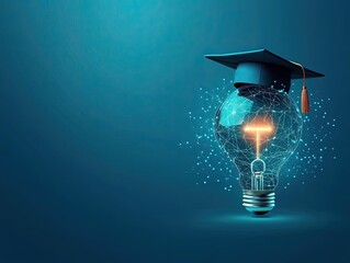 An innovative educational image showcasing a bachelor cap and a light bulb on a blue background.  photo