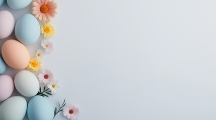 Composition with Easter eggs and flower blossom on soft pastel white background. Minimal easter concept.