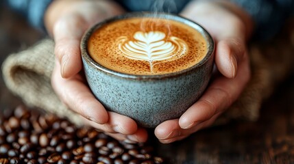 Hands holding a steaming cup of latte art coffee.