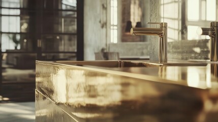 Gold sink, metallic faucet, modern bathroom.