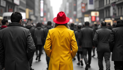Woman in a yellow coat with a red hat stands out in a bustling city crowd
