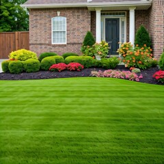 Fototapeta premium A well-maintained grassy lawn, with soft green blades of grass and a neat, serene appearance, ideal for outdoor activities or a peaceful setting.