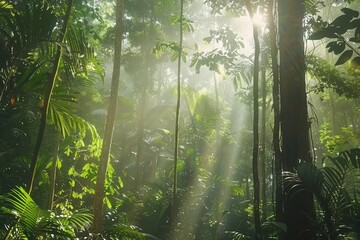 Fototapeta premium Lush green rainforest with sunlight filtering through the trees, creating a serene and vibrant atmosphere.