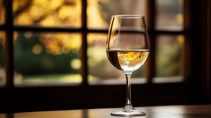 Obraz premium Glass of white wine by window.