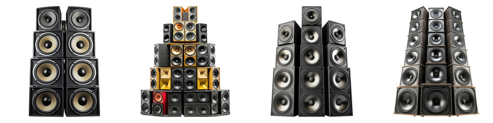 Stack of concert loudspeaker isolated on transparent background, Set of