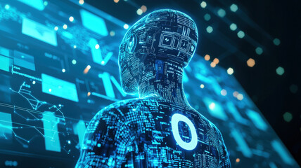 Digital Human Silhouette with Blue Data Streams Representing Artificial Intelligence and Technology Connection