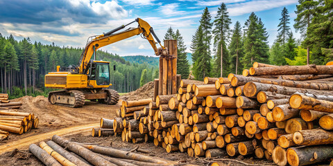 A large excavator is actively working in a forested area, lifting and placing logs onto a pile. Surrounding trees create a lush green backdrop under a cloudy sky