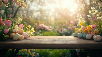 Wooden table with easter or spring theme blurred background