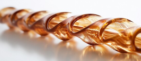Amber spiral glass sculpture on white background.