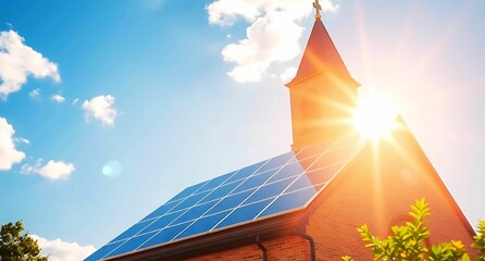solar panels on a church roof bright sunshine 