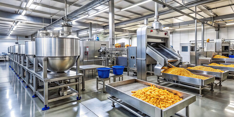 A food processing facility showcases advanced machinery and large containers filled with ingredients. Workers efficiently manage the production line, emphasizing productivity and cleanliness