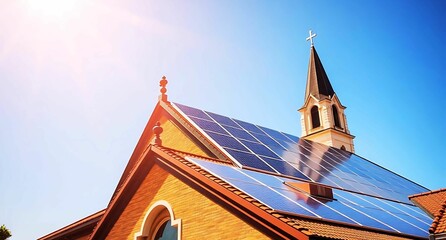 solar panels on a church roof bottom view 
