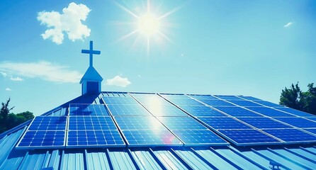 solar panels on a church roof blue sunny sky
