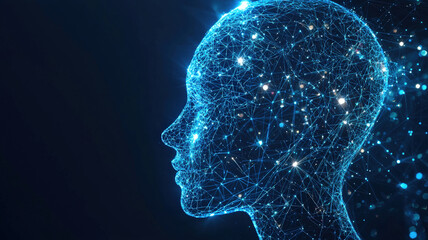 Digital Human Profile Composed of Glowing Points and Neural Network Connections in Futuristic Blue