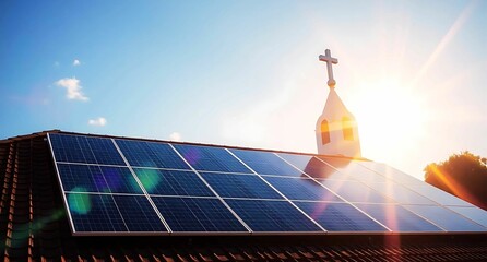 solar panels on a church roof on a sunny day 