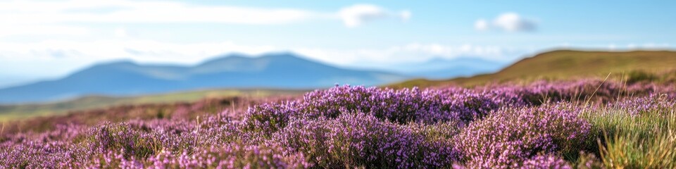 Scenic landscape with blooming heather on rolling hills in nature