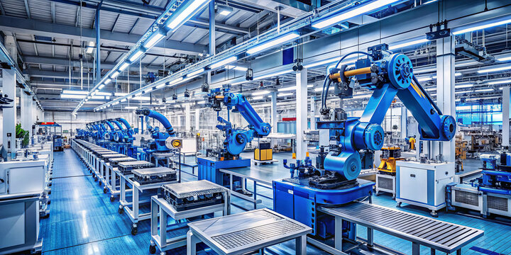 In a high-tech manufacturing facility, robotic arms are seen assembling products on an efficient production line. The space is well-lit and designed for optimal workflow