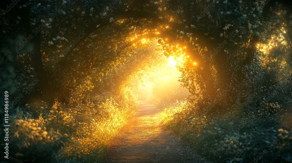 Poster soft sunlight filters through the trees, creating a warm glow along the tranquil forest path. delica