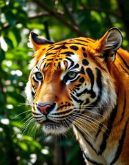 Obraz premium A close-up of a Bengal tiger's face, showcasing its vibrant orange fur, bengal tiger, and piercing green eyes, set against a lush green jungle background with dappled sunlight filtering thro