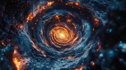 A stunning cosmic vortex swirling with fiery orange and deep blue hues, representing the beauty of the universe.