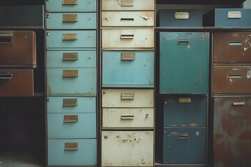 Vintage filing cabinets in abandoned office with space for text