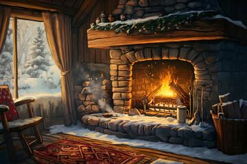 Warm winter scene with a cup of coffee placed by a crackling fireplace, radiating comfort and coziness
