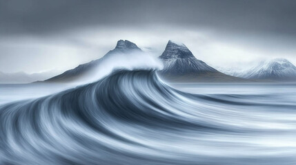 A single wave crests gracefully on a serene shoreline, embodying life's rhythm and fleeting moments. The blurred background and empty space invite reflection, evoking beauty, chaos, and balance