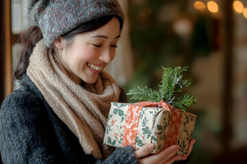 Woman warmly holds and presents a holiday wrapped gift
