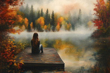 Woman seated on a wooden dock, gazing over a foggy lake surrounded by autumn colors