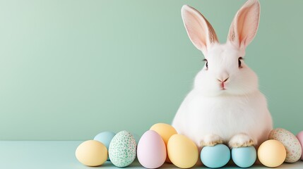 Easter concept holiday animal celebration greeting card - Cool cute easter bunny, rabbit sitting with pastel easter eggs, isolated on minimal background
