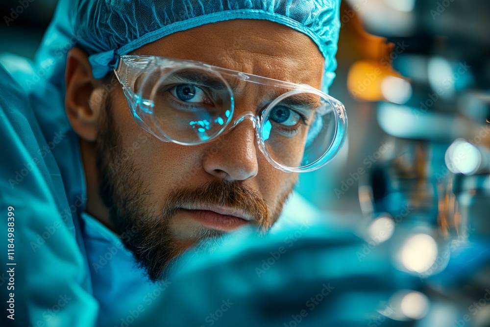 Poster scientist working on high precision equipment in a modern laboratory