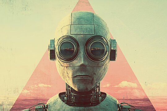 A black robotic head featuring red eyes, positioned in front of a bold red triangle graphic. This abstract, modern design is perfect for a music album cover or contemporary poster