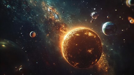 A mesmerizing view of a vibrant solar system with glowing stars and colorful planets.