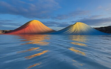 Colorful Sand Dunes by Water, Vibrant Landscape Reflection, Abstract Nature Scene, Sunset Dunes with Blue and Yellow Hues, Artistic Natural Formation, Tranquil Water and Sky Reflection