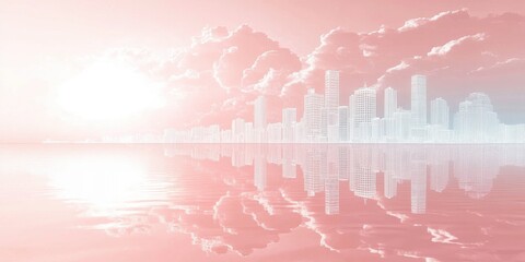 Fototapeta premium Pastel Cityscape Reflected In Calm Water Under Pink Clouds