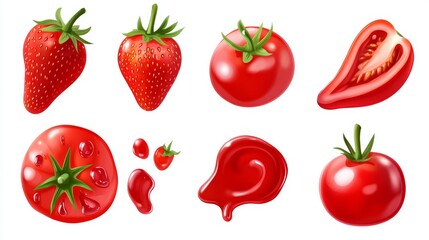 Red tomato sauce, ketchup stains and smears. Texture of strawberry jam, syrup, barbecue sauce or catsup drops, smudges and drips isolated on transparent background, vector realistic set