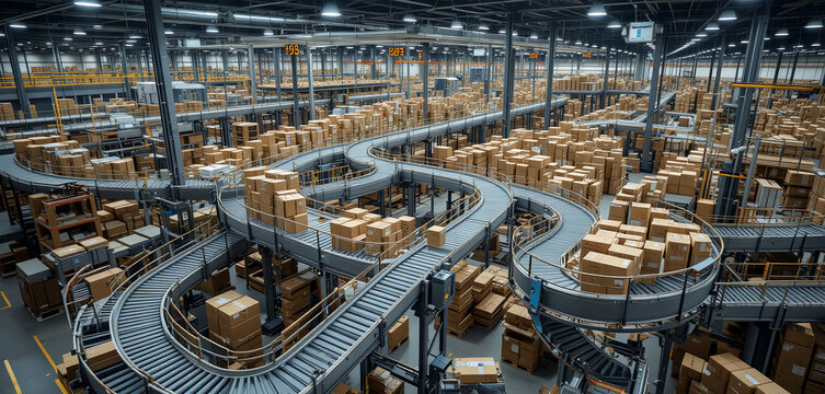 Countless cardboard boxes are being moved along intricate conveyor belts in a large warehouse. Workers can be seen managing the flow of packages during peak hours
