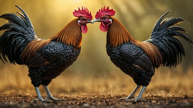 Two powerful roosters are locked in an exciting battle, showcasing their strength and agility in a vibrant outdoor setting. The atmosphere is charged with energy as onlookers cheer.