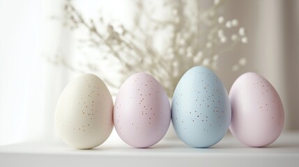 Easter composition with Easter eggs and spring flowers on beige table background