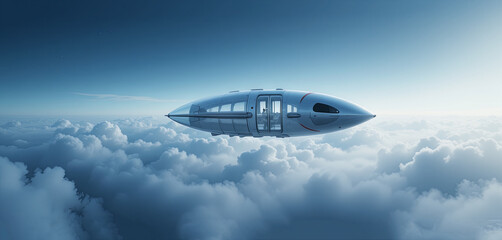 Obraz premium A sleek, aerodynamic vessel navigates through fluffy clouds high in the sky. The innovative design reflects sunlight, creating a stunning visual against a blue backdrop