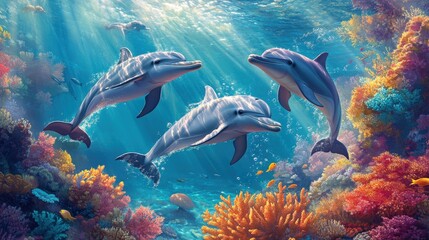Fototapeta premium Three Dolphins Swim Amongst Vibrant Coral Reefs
