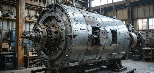 A large metallic machine is centrally placed in a workshop, surrounded by various tools and equipment. Natural light streams through the tall windows, illuminating the workspace's details